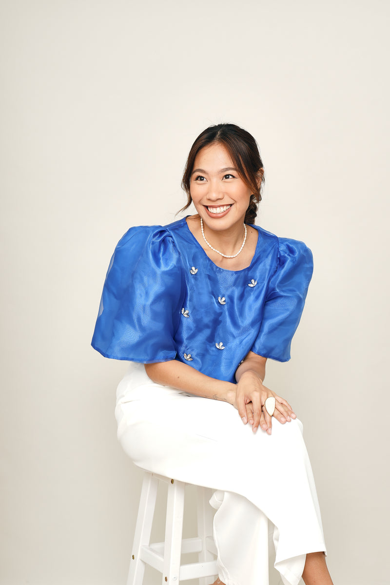 Eva Filipiniana Top - Electric Blue with Rhinestones