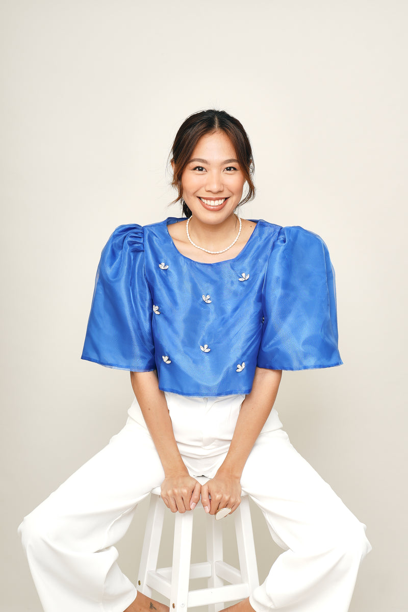 Eva Filipiniana Top - Electric Blue with Rhinestones