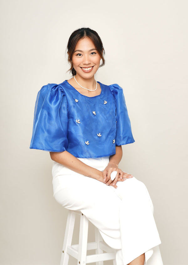 Eva Filipiniana Top - Electric Blue with Rhinestones