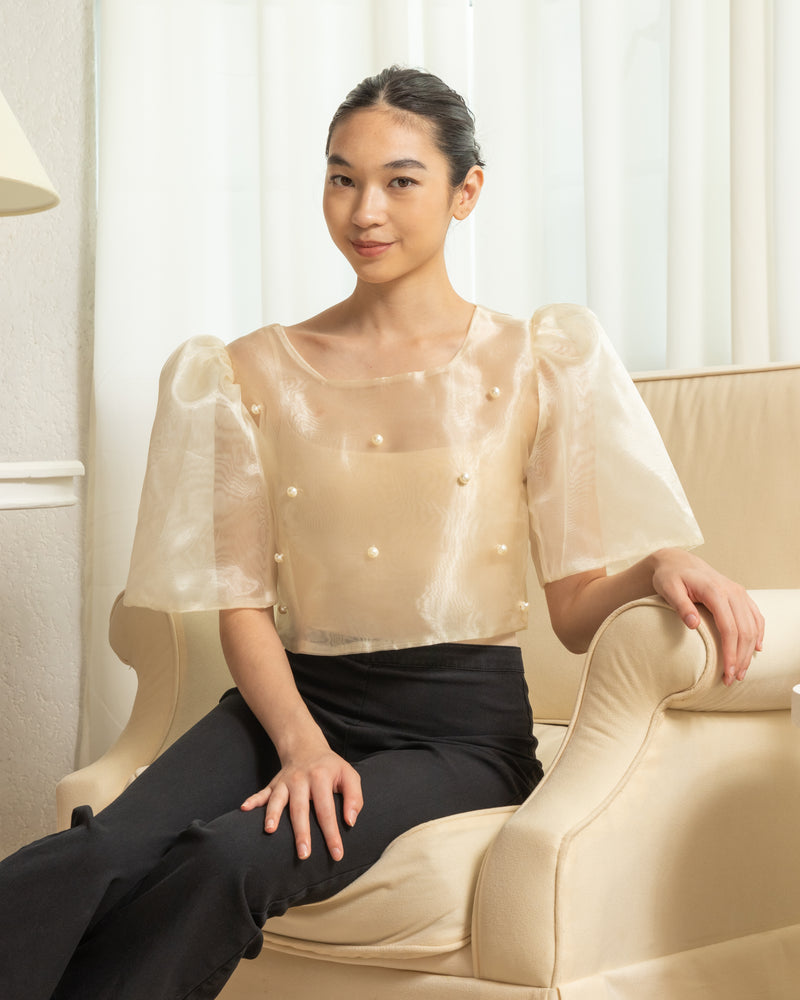 Eva Filipiniana Top - Cream with Pearl