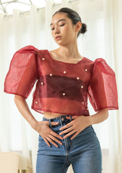 Eva Filipiniana Top - Maroon with Pearl