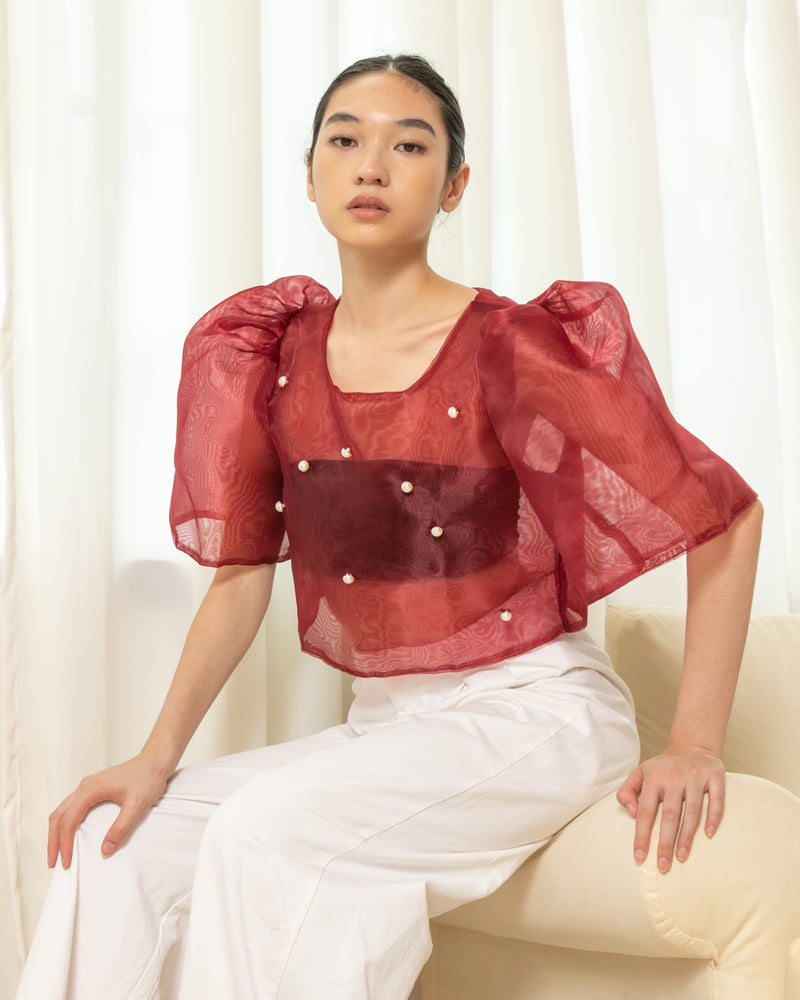 Eva Filipiniana Top - Maroon with Pearl