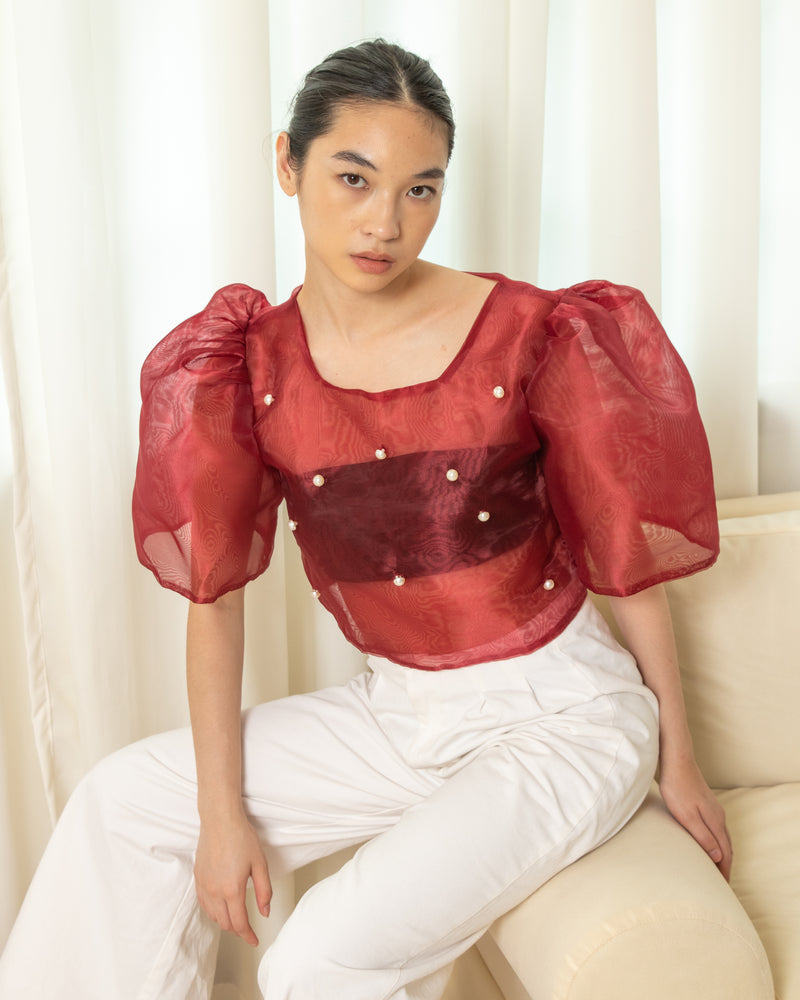 Eva Filipiniana Top - Maroon with Pearl